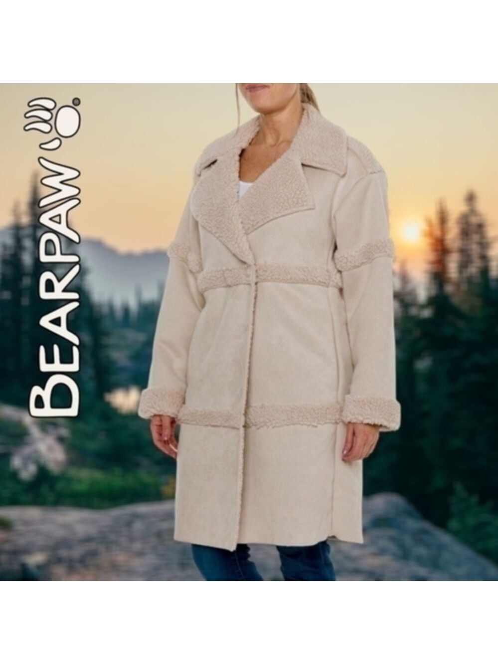 BEARPAW Sherpa Accented Relaxed Fit Lined Overcoat/Long Coat-NWT/Sm/Tan